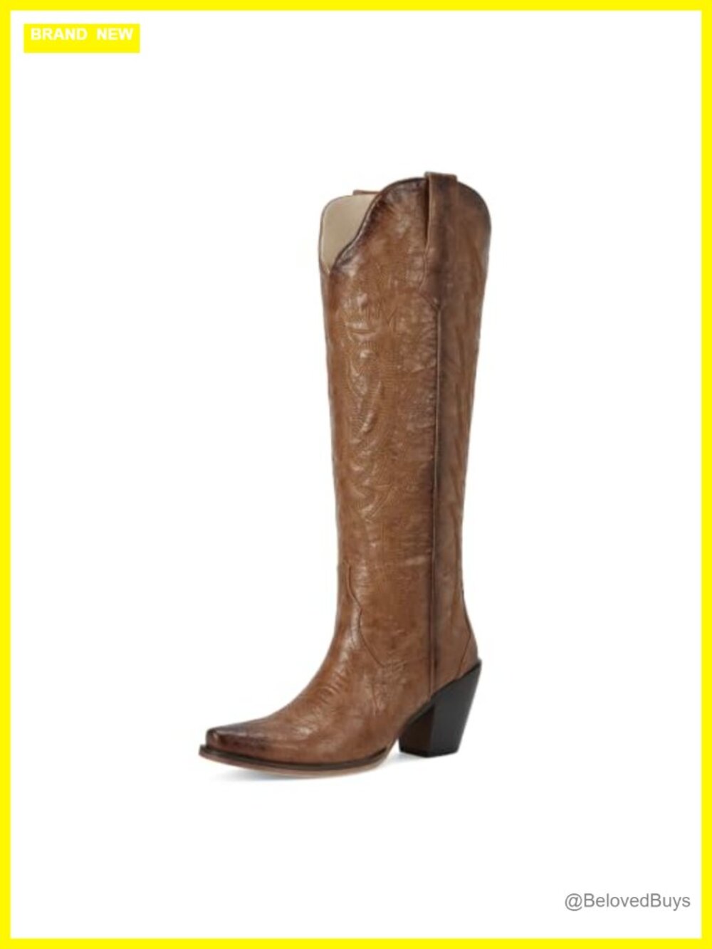 Snip Toe Knee High Western Boots with Wing Embroidery Chunky Heel